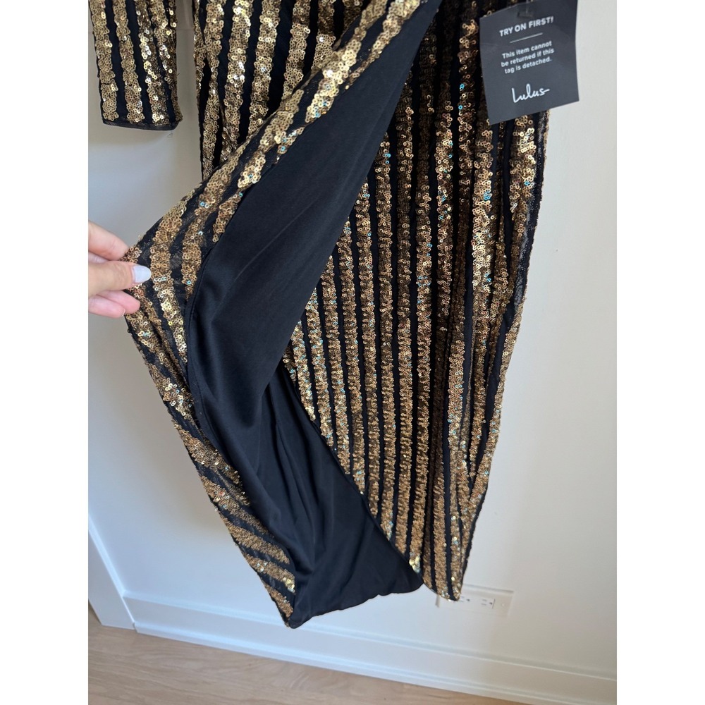 Lulus Gold Black Sequin One Shoulder Midi Dress Stripe Long Sleeve M NEW - Picture 8 of 16